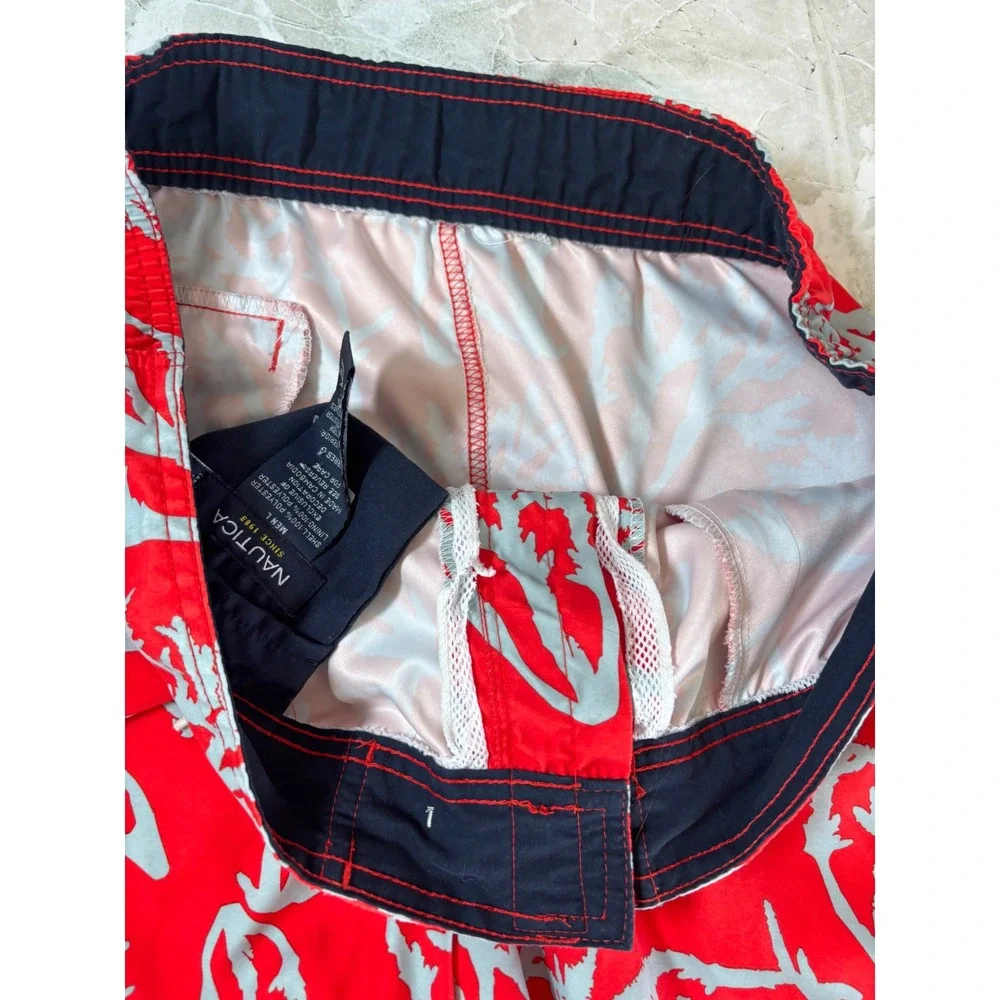 Nautica Mens Swim Trunks Red Coral Print Board Shorts‎ Mesh Lining Large